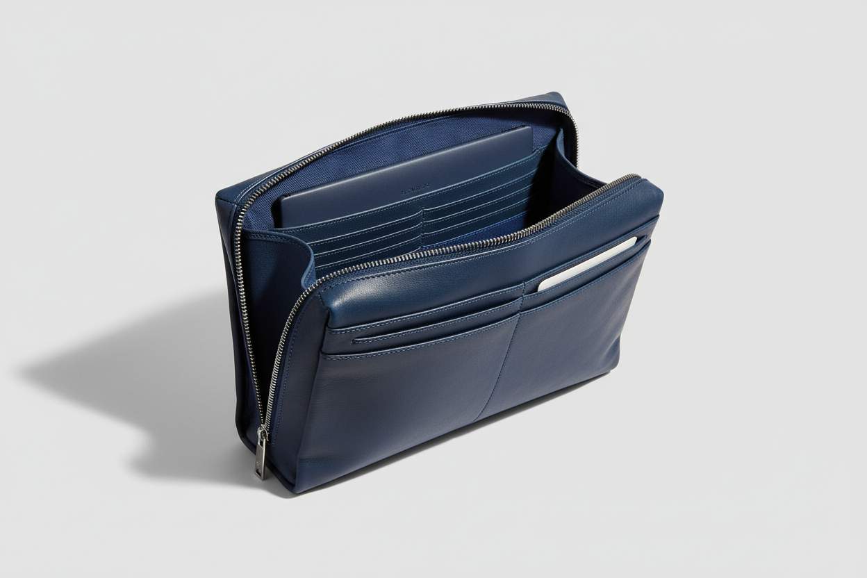 Premium Zip Work Portfolio in Ocean Ink Blue Soft-Touch Premium Leather – Interior View