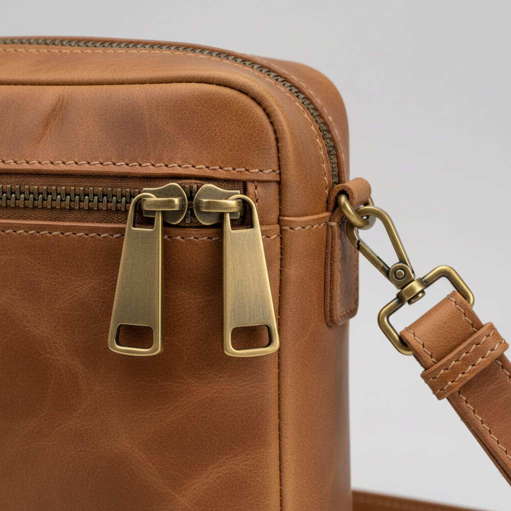 Urban Professional Crossbody Bag in Camel Ridge Tan Vintage Pull-Up Leather – Hardware Detail