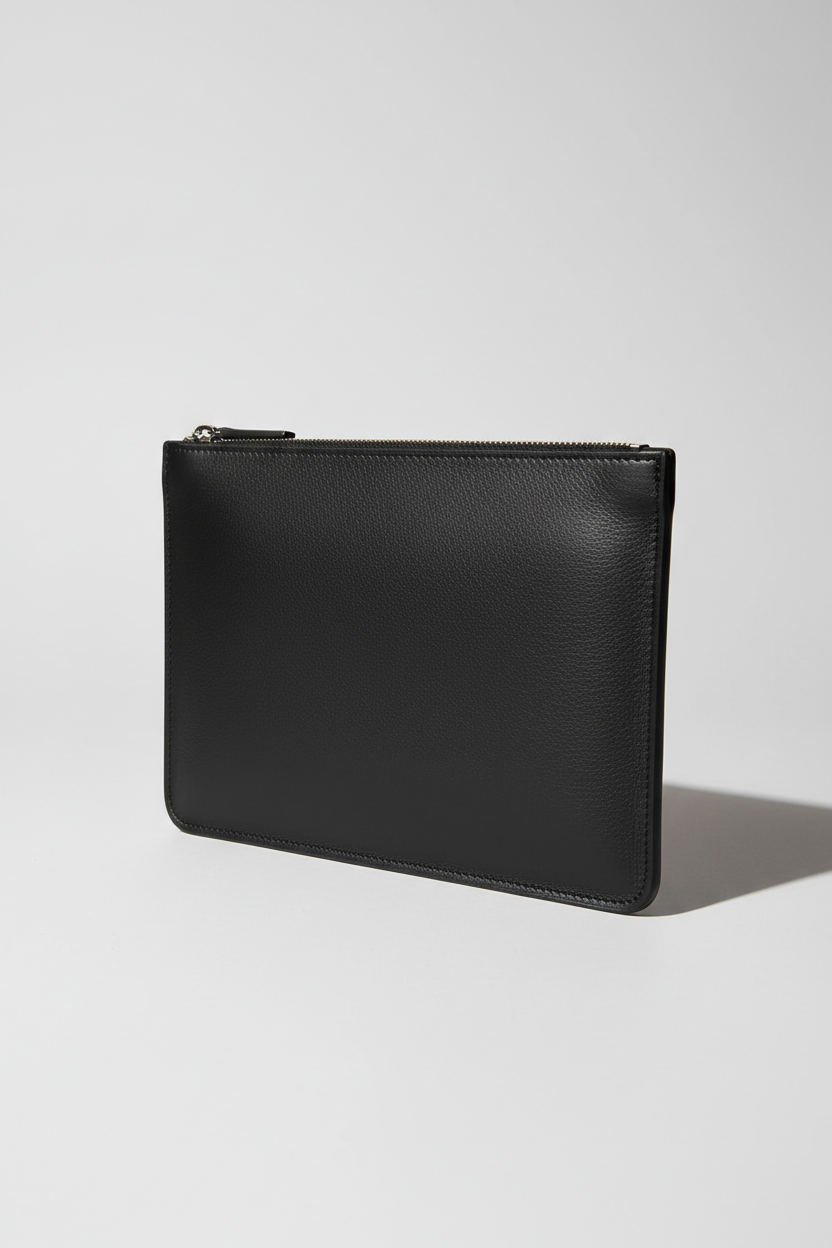 Quiet Luxury Tablet Pochette in Velvet Eclipse Black Premium Soft Grain Leather – Angled View