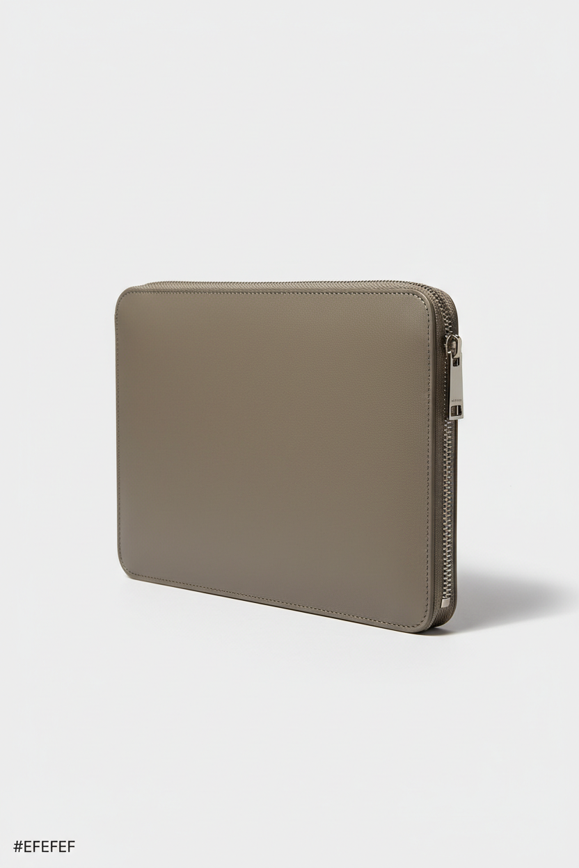 Contemporary Tech Sleeve Pochette in Silver Moss Taupe Premium Structured Leather – Angled View