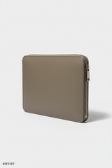 Contemporary Tech Sleeve Pochette in Silver Moss Taupe Premium Structured Leather – Angled View
