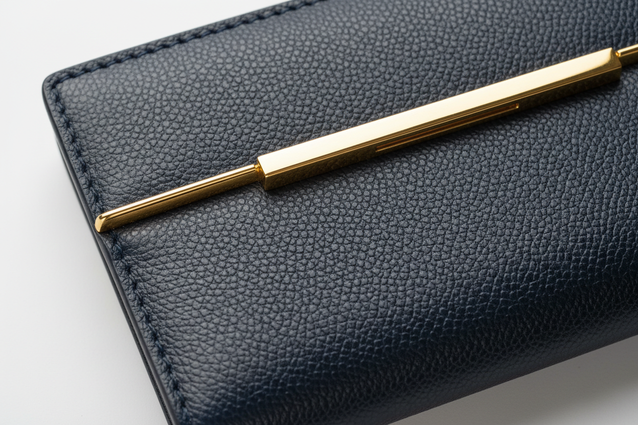 Urban Everyday Wallet in Navy and Gold, crossgrain leather and hardware close-up