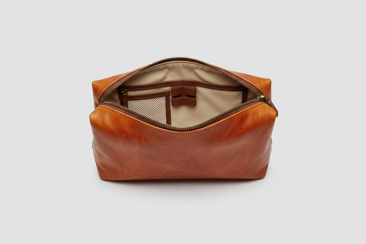 Modern Travel Pouch in Orange and Brown, open zipper compartment view