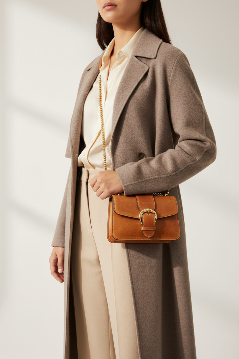 Female model carrying Vintage Mini Flap Bag in Antique Tan