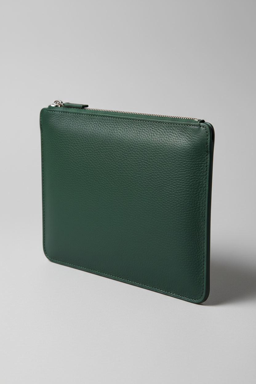Elite Office Carry Pochette in Emerald Pine Green Luxury Utility Leather – Angled View