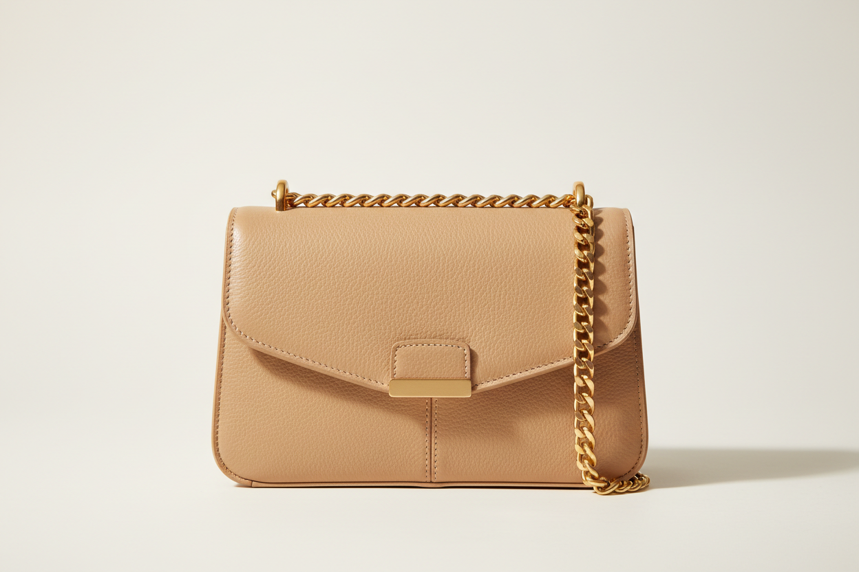 Elegant Chain Shoulder Bag in Champagne Beige, front view