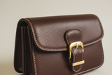 Vintage Mini Flap Bag in Espresso Mocha, gold buckle and leather close-up