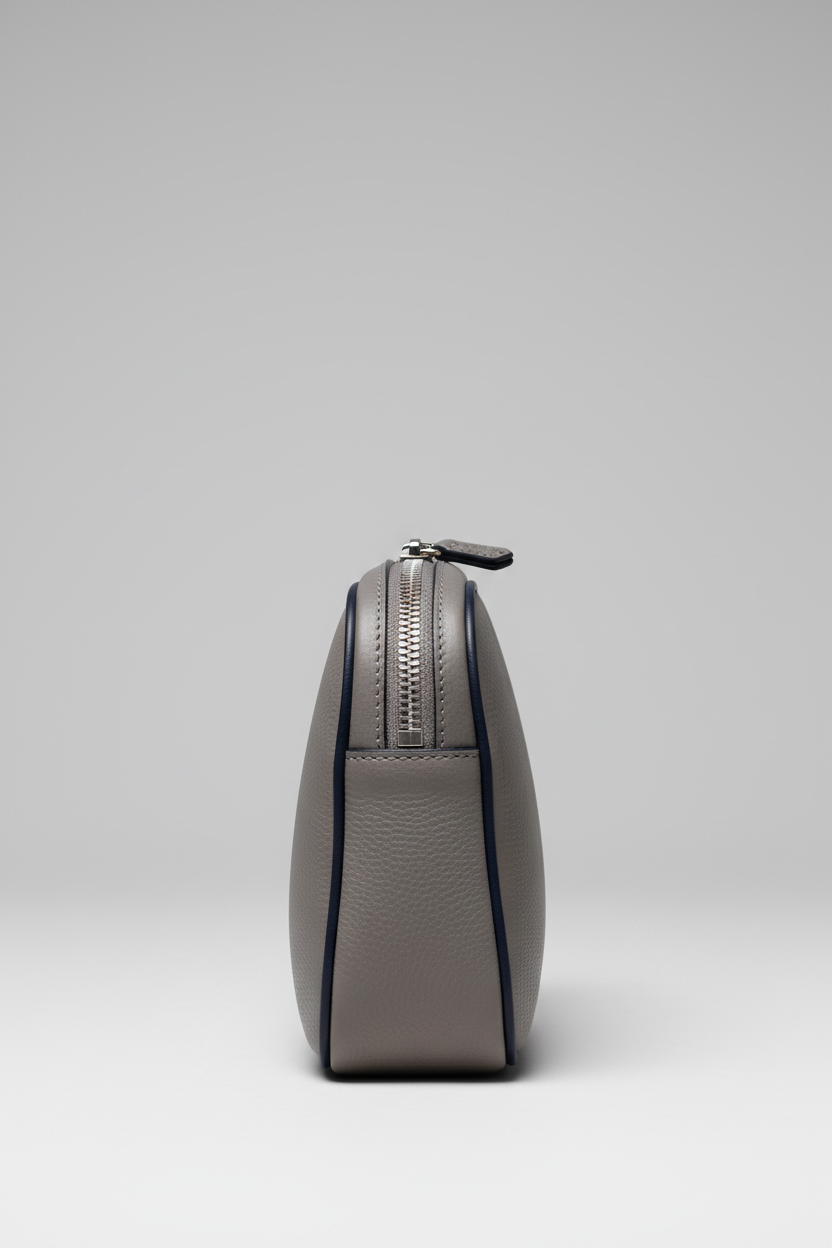 Minimal Luxe Pouch in Gray and Navy, portrait side angle view