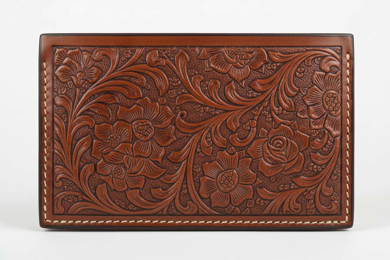 Executive Compact Wallet in Floral, Napa leather macro close-up