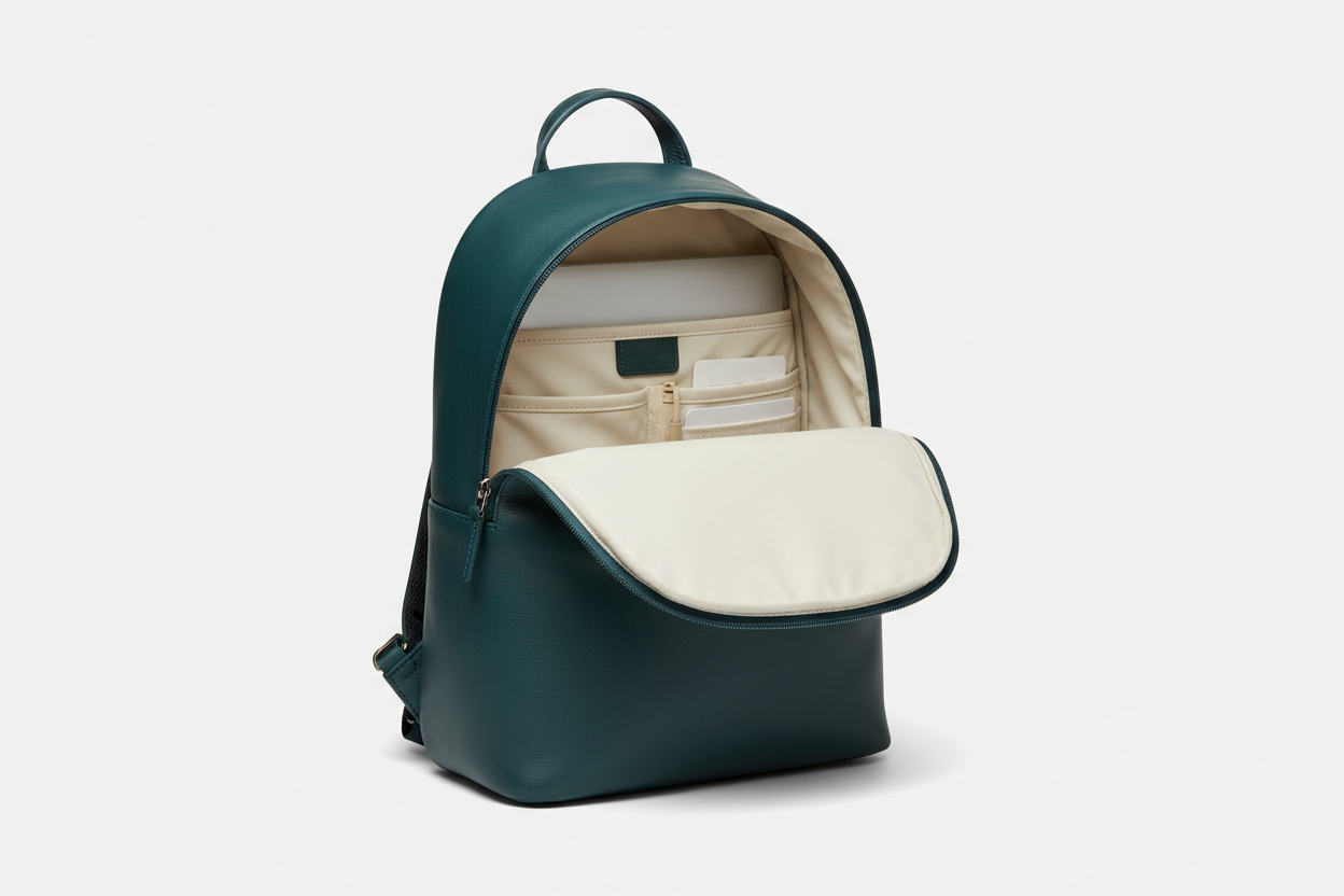 Contemporary City Backpack in Deep Harbor Teal, open interior view