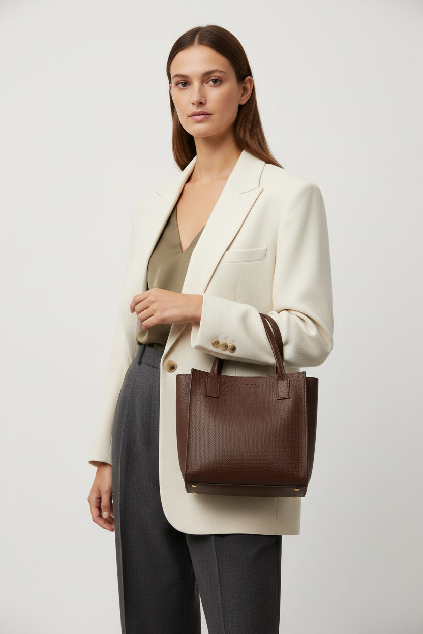 Scandinavian Mini Tote in Dark Cedar Chestnut – Female Model