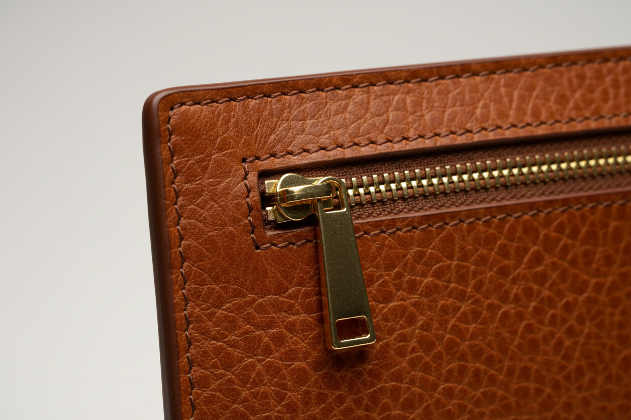 Minimal Luxury Pouch in Brown, leather and zipper macro close-up
