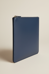 Quiet Luxury Tablet Pochette in Arctic Wave Blue Smooth Milano Leather – Angled View