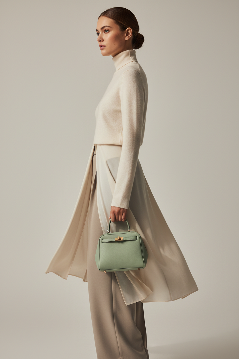 Female model holding Luxury Mini Shoulder Bag in Pistachio Green