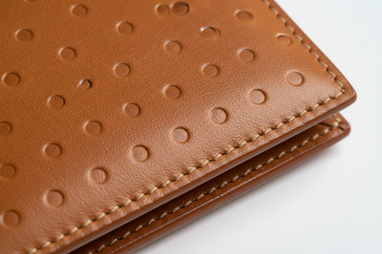 Premium Leather Wallet in Dots, waxed grain leather macro close-up