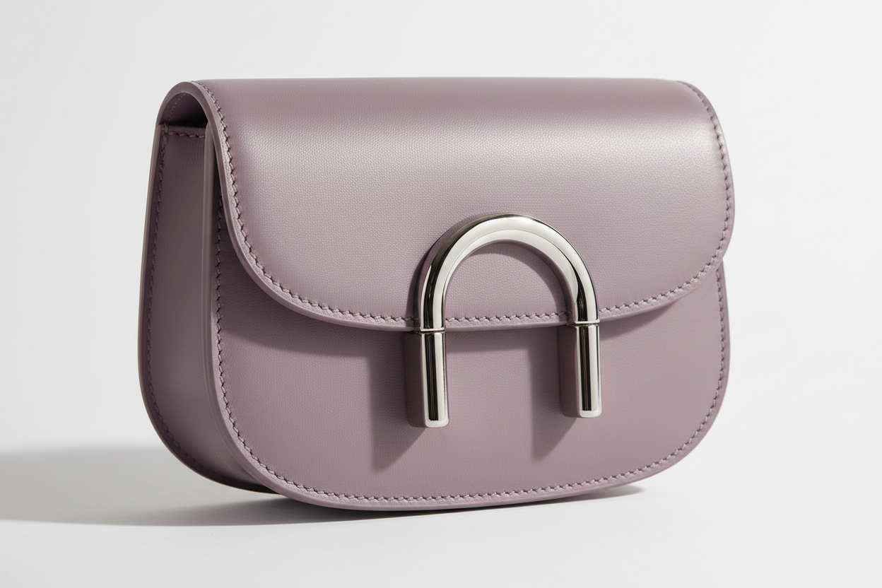 Curved Mini Shoulder Bag in Muted Lavender, silver hardware and leather close-up