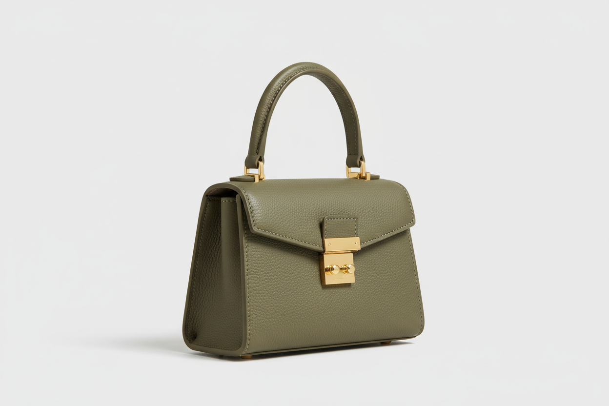Mini Luxe Top-Handle Bag in Dusty Olive, side angle view