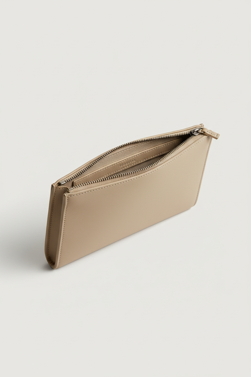 Quiet Luxury Tablet Pochette in Champagne Drift Beige Brushed Office Leather – Interior View