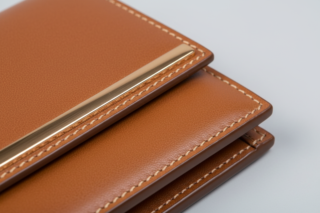 Urban Everyday Wallet in Brown and Bronze, calfskin leather and hardware close-up