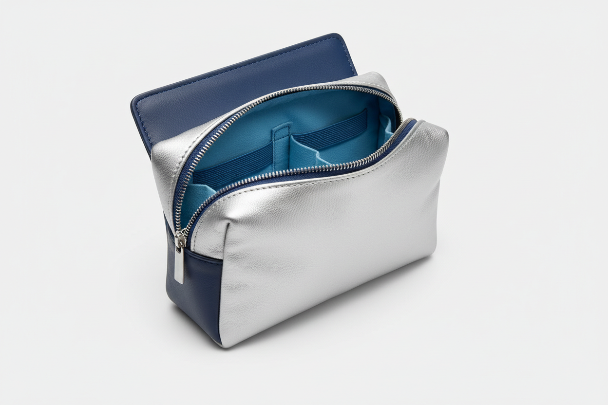 Signature Utility Pouch in Silver and Blue, open zipper compartment view