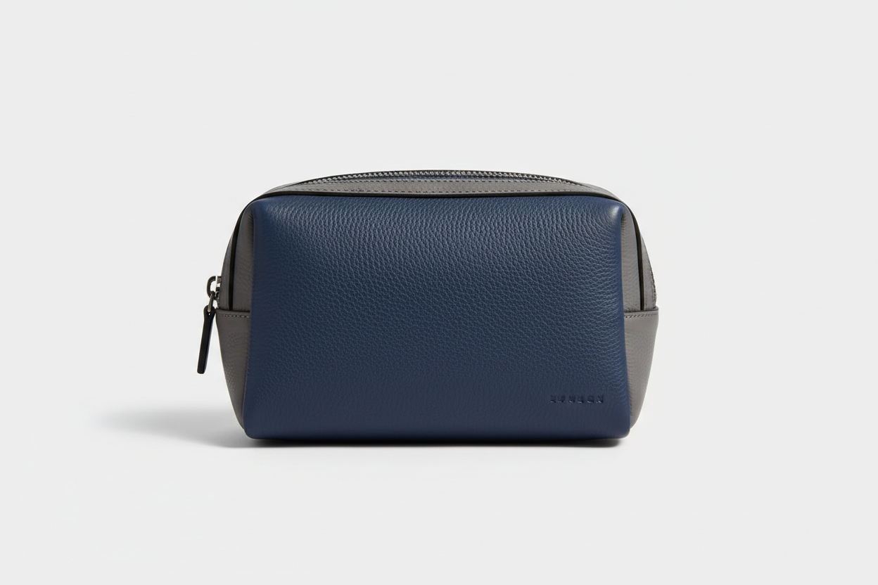 Modern Travel Pouch in Blue and Gray, front view