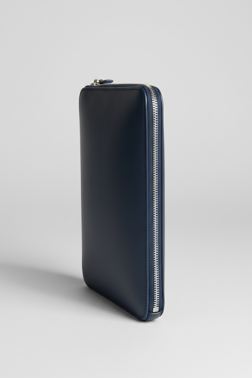 Metropolitan Slim iPad Bag in Baltic Ocean Blue Structured Luxe Leather – Angled View