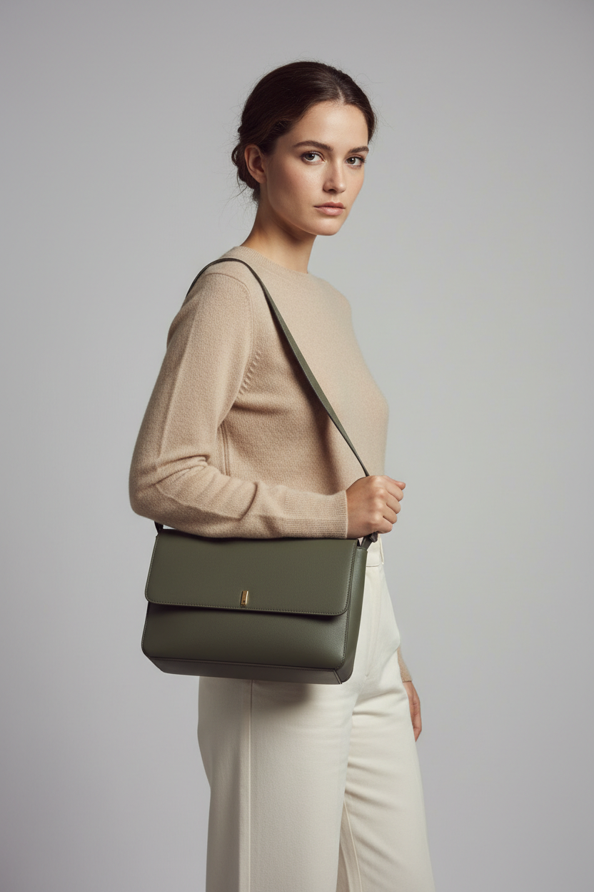 Female model carrying Modern Everyday Shoulder Bag in Matte Olive
