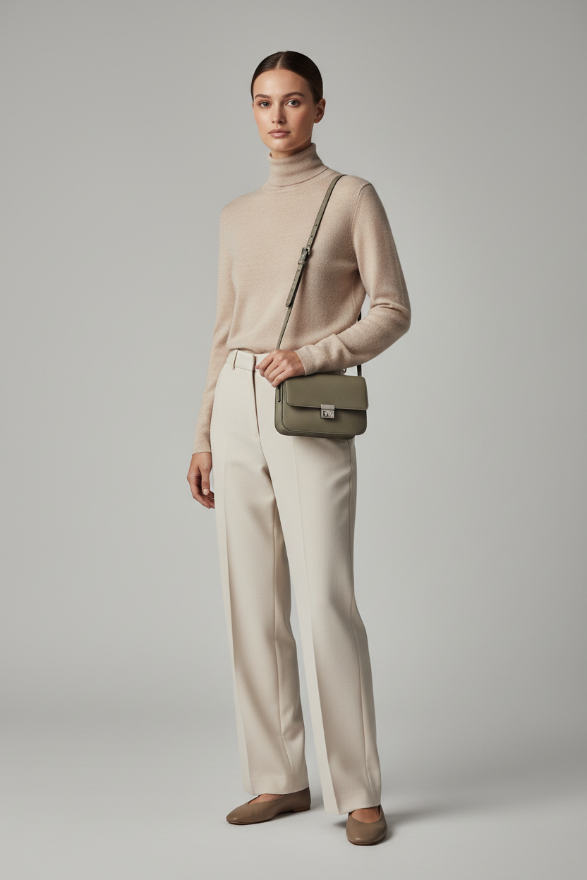 Female model wearing Everyday Mini Crossbody in Olive Dust