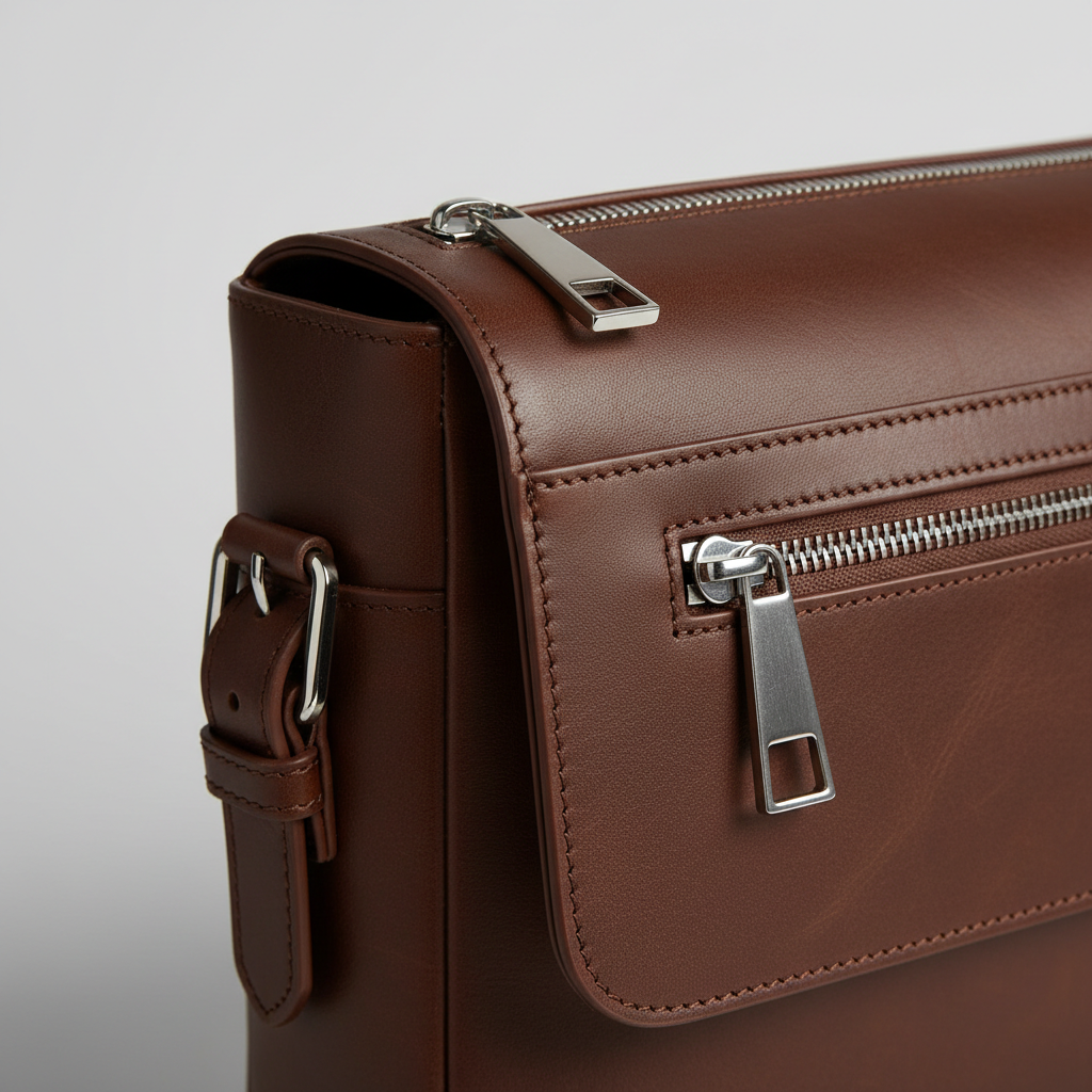 Modern Laptop Messenger Bag in Cocoa Walnut Brown – Leather & Hardware Detail