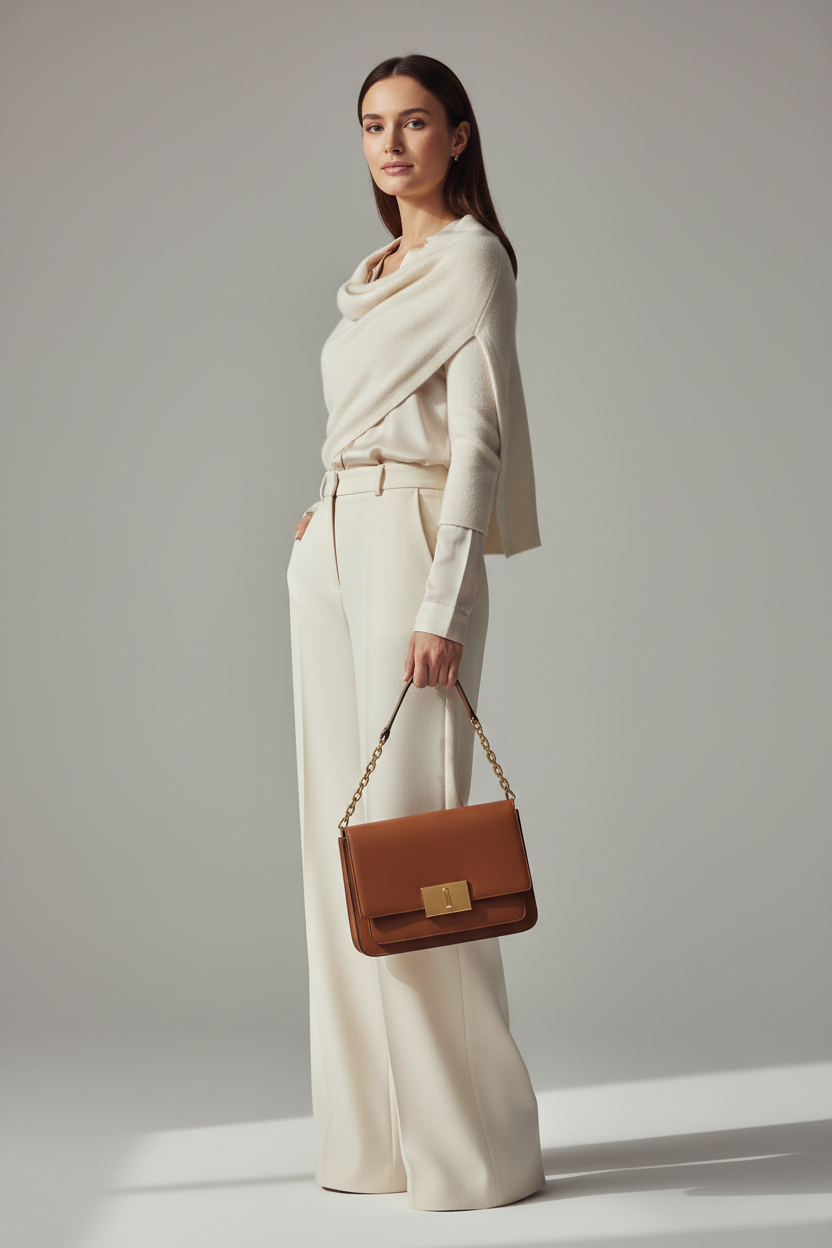 Female model carrying Minimal Luxe Shoulder Bag in Mocha Brown