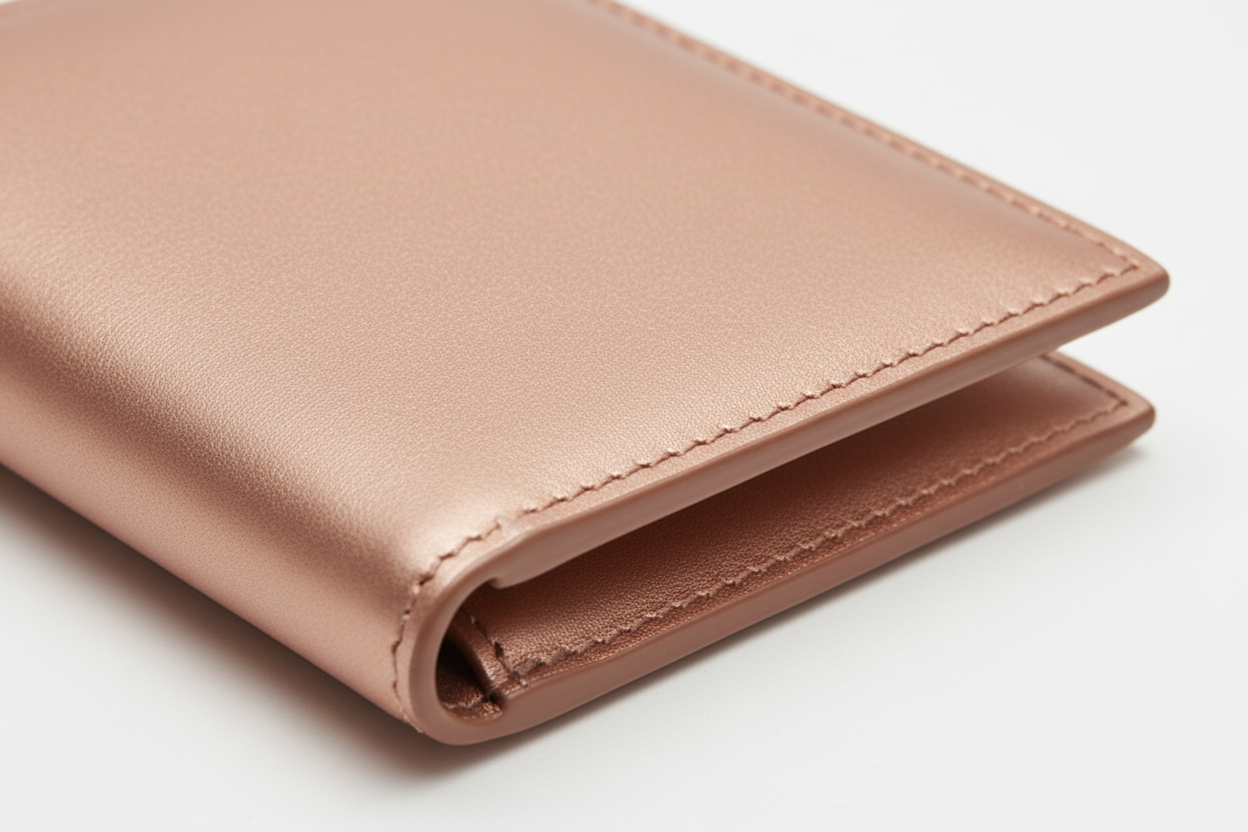 Executive Compact Wallet in Rose Gold, refined matte leather macro close-up