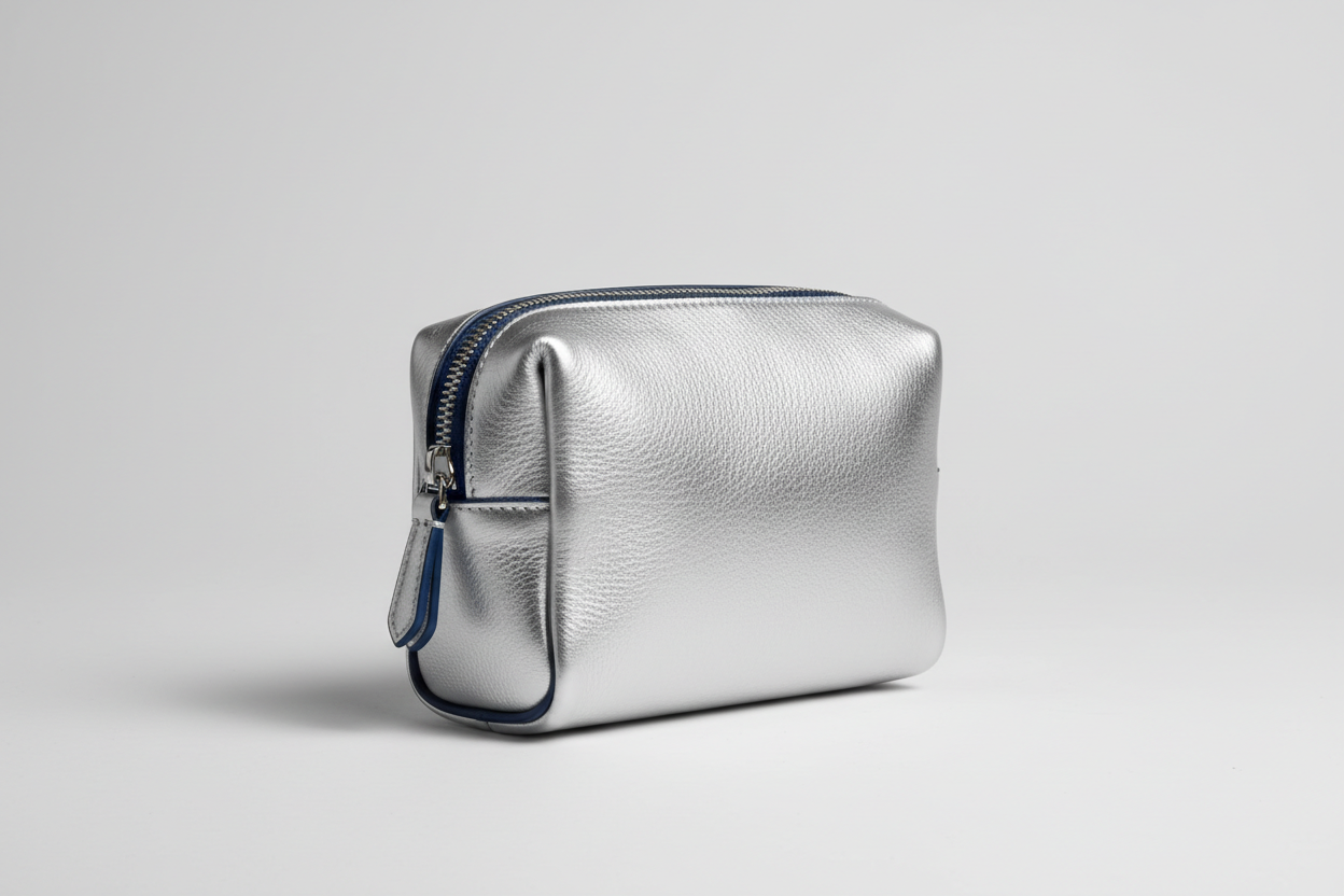 Signature Utility Pouch in Silver and Blue, side angle view