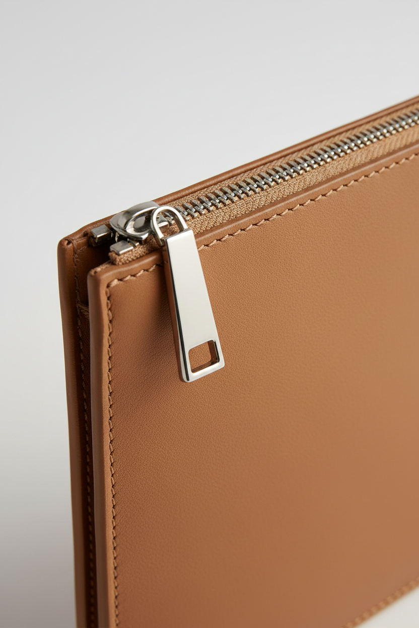 Metropolitan Slim iPad Bag in Desert Sandstone Tan Fine Calfskin Leather – Leather & Zipper Detail