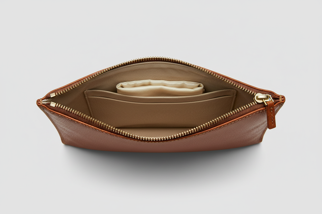 Minimal Luxury Pouch in Brown, open zipper compartment view
