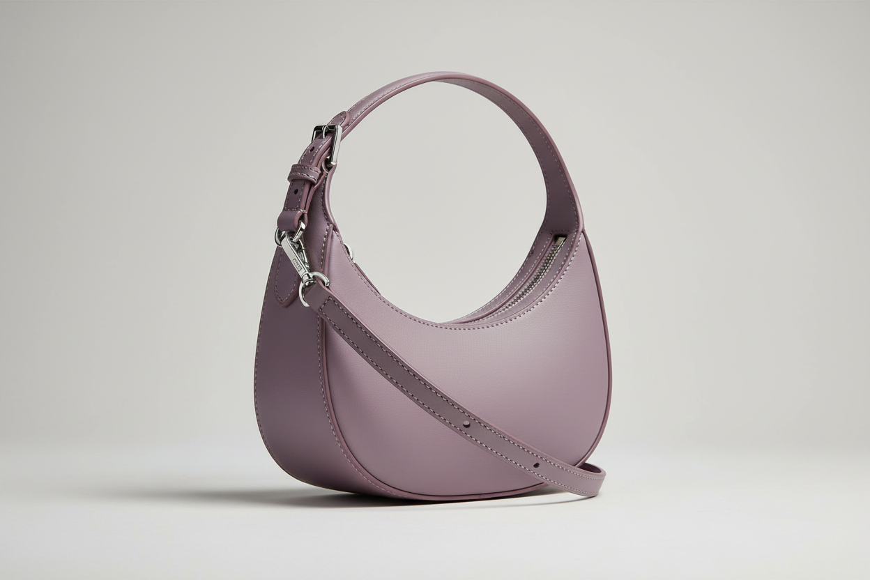 Curved Mini Shoulder Bag in Muted Lavender, side angle view