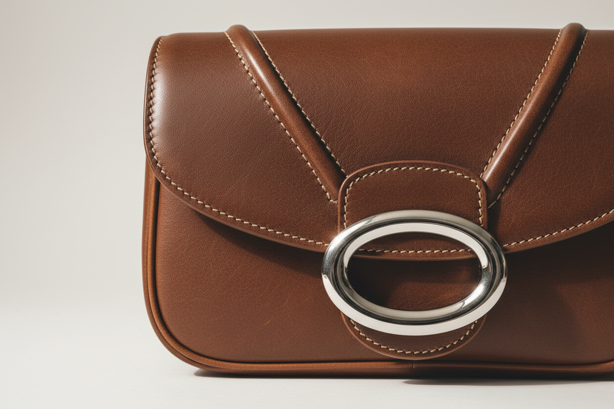 Soft Curve Shoulder Bag in Chocolate Brown, leather and silver hardware close-up