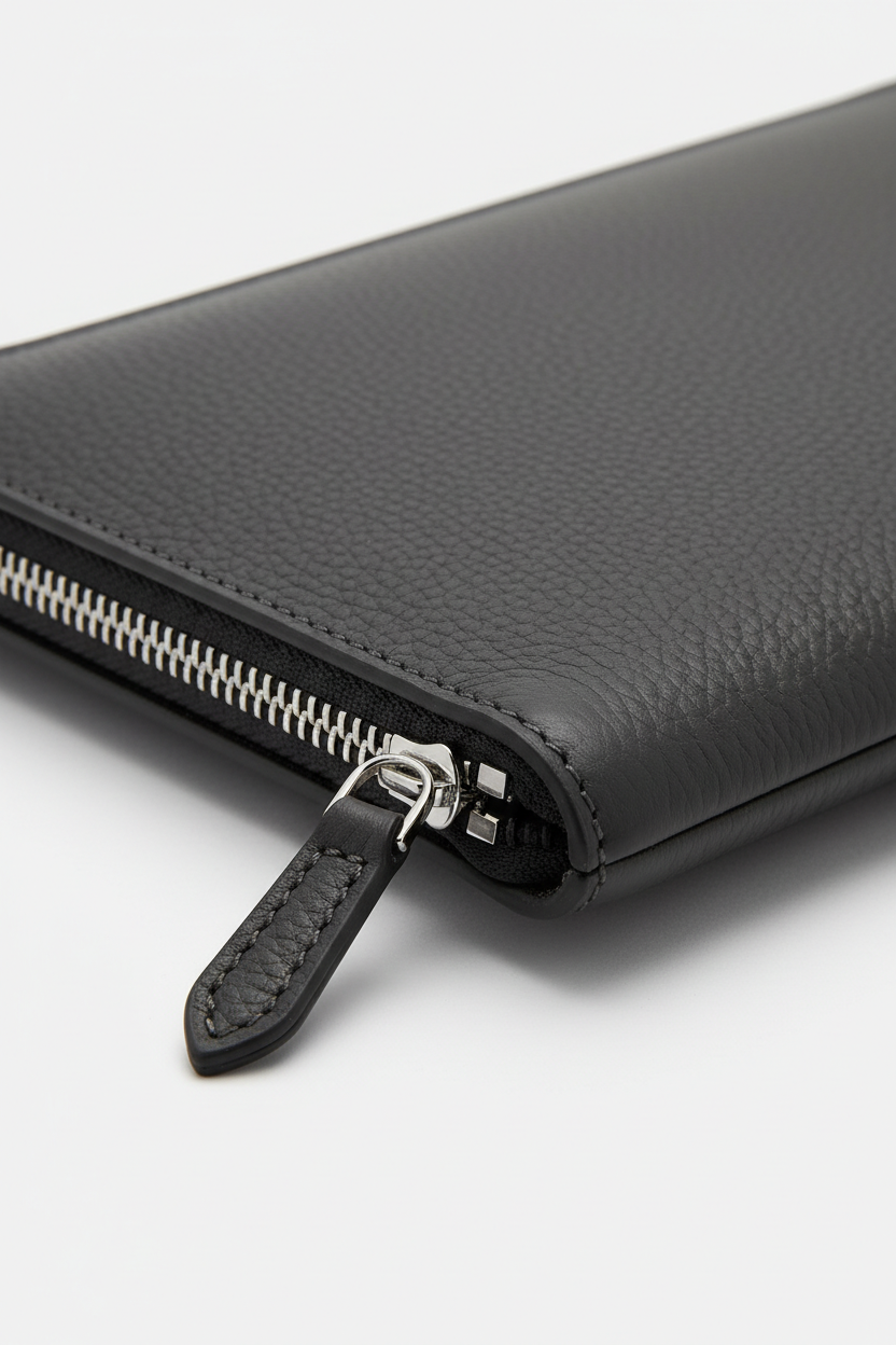 Contemporary Tech Sleeve Pochette in Obsidian Shadow Grey Soft Pebbled Leather – Leather & Zipper Detail
