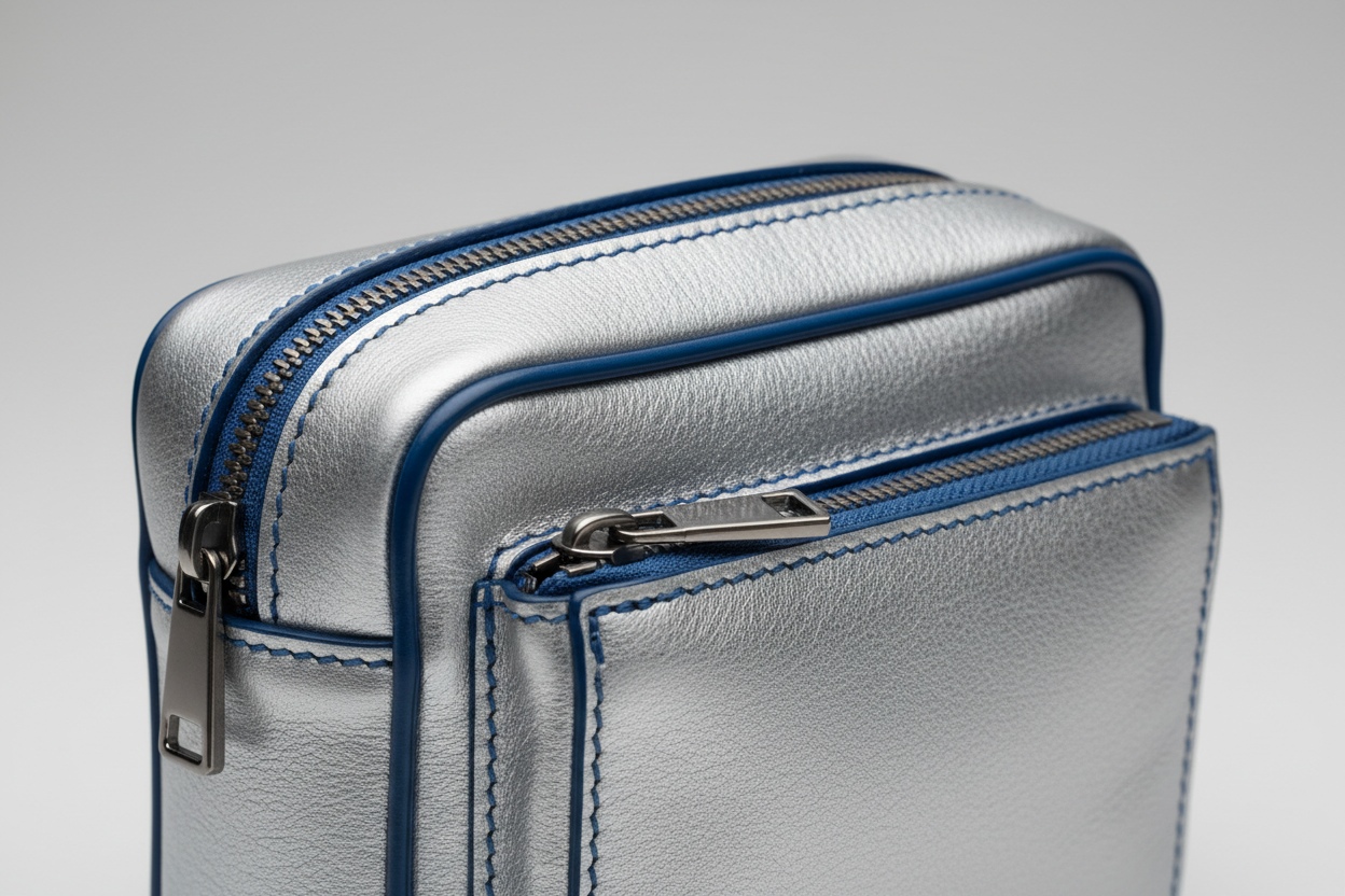 Signature Utility Pouch in Silver and Blue, structured leather macro close-up