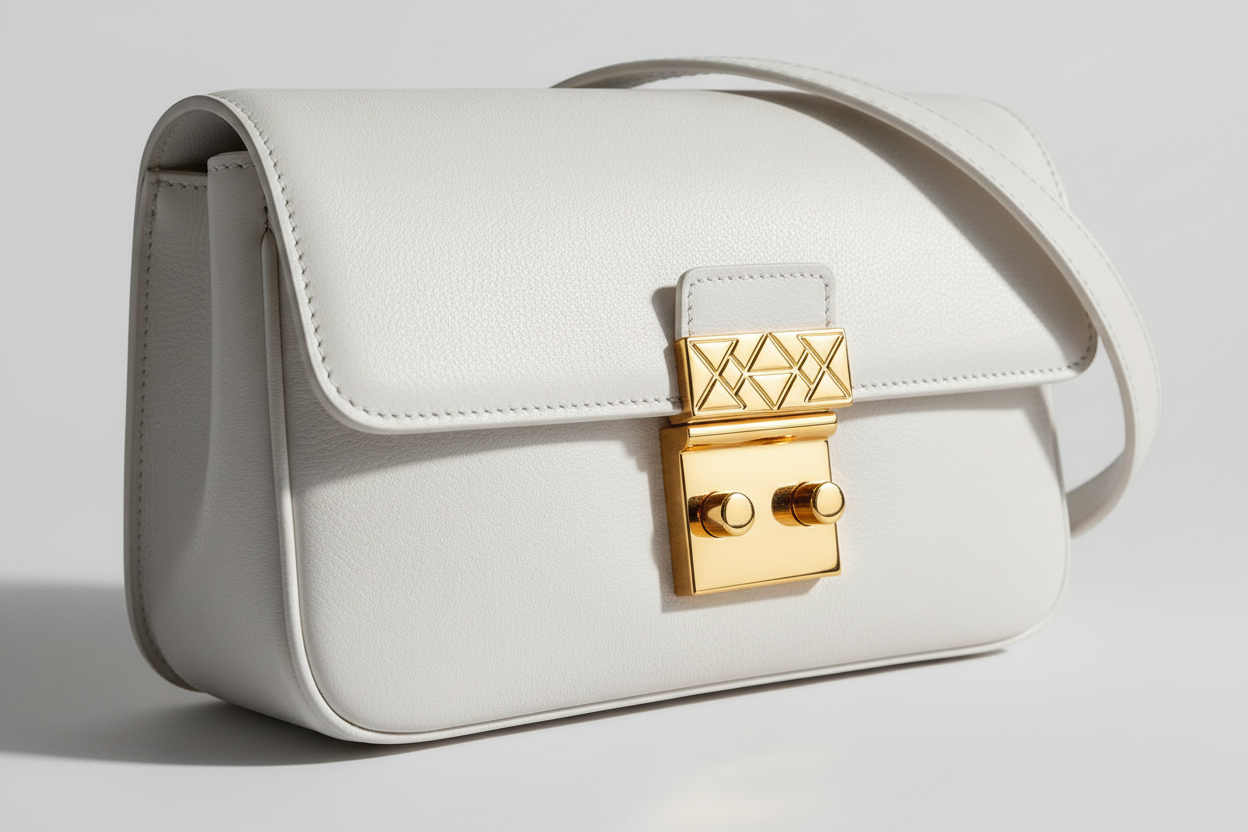 Contemporary Flap Shoulder Bag in Arctic White, flap closure and gold hardware close-up