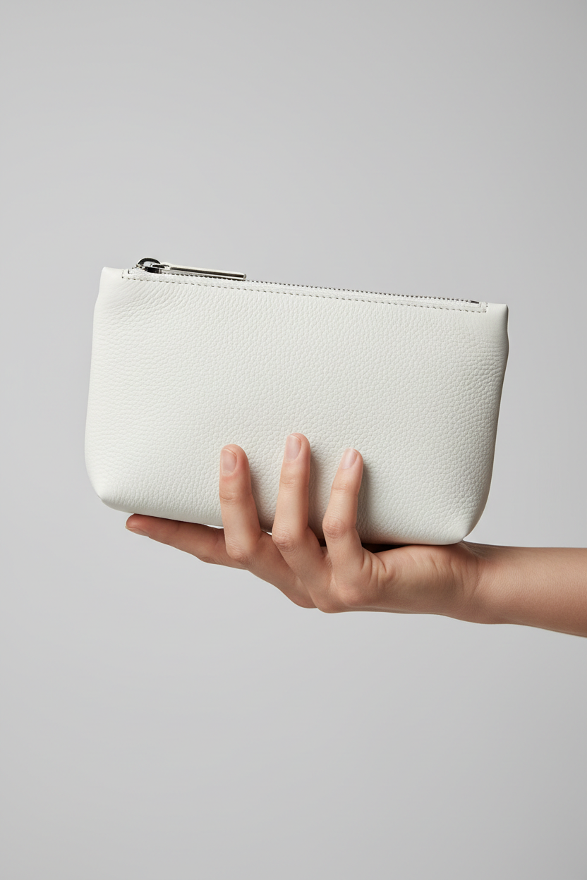 Hand holding Minimal Luxury Pouch in White