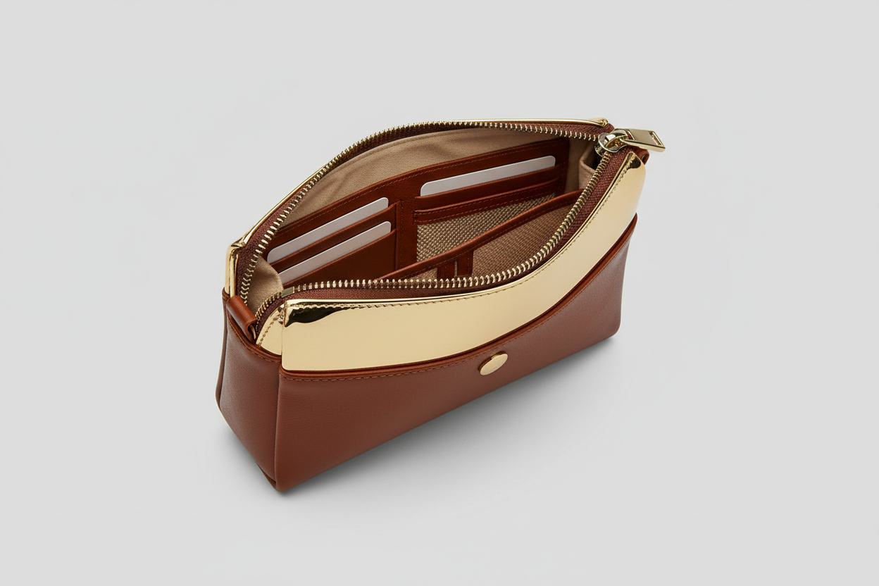 Signature Utility Pouch in Gold and Brown, open zipper compartment view
