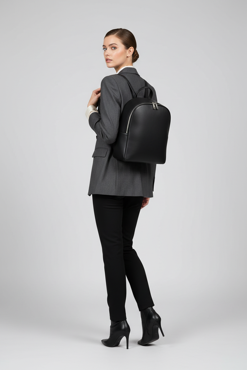 Metropolitan Fashion Backpack in Carbon Eclipse Black Refined Napa Leather – Female Model