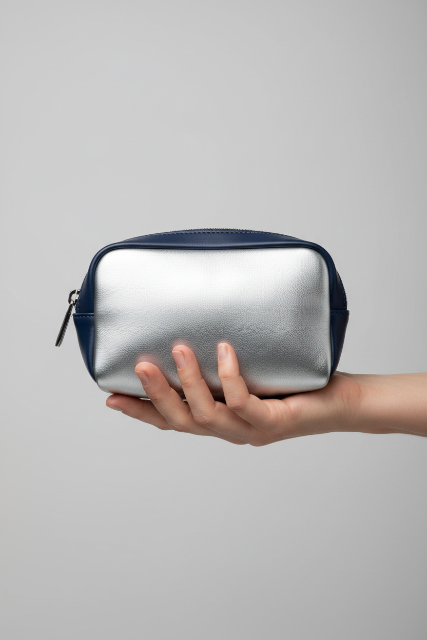 Hand holding Signature Utility Pouch in Silver and Blue