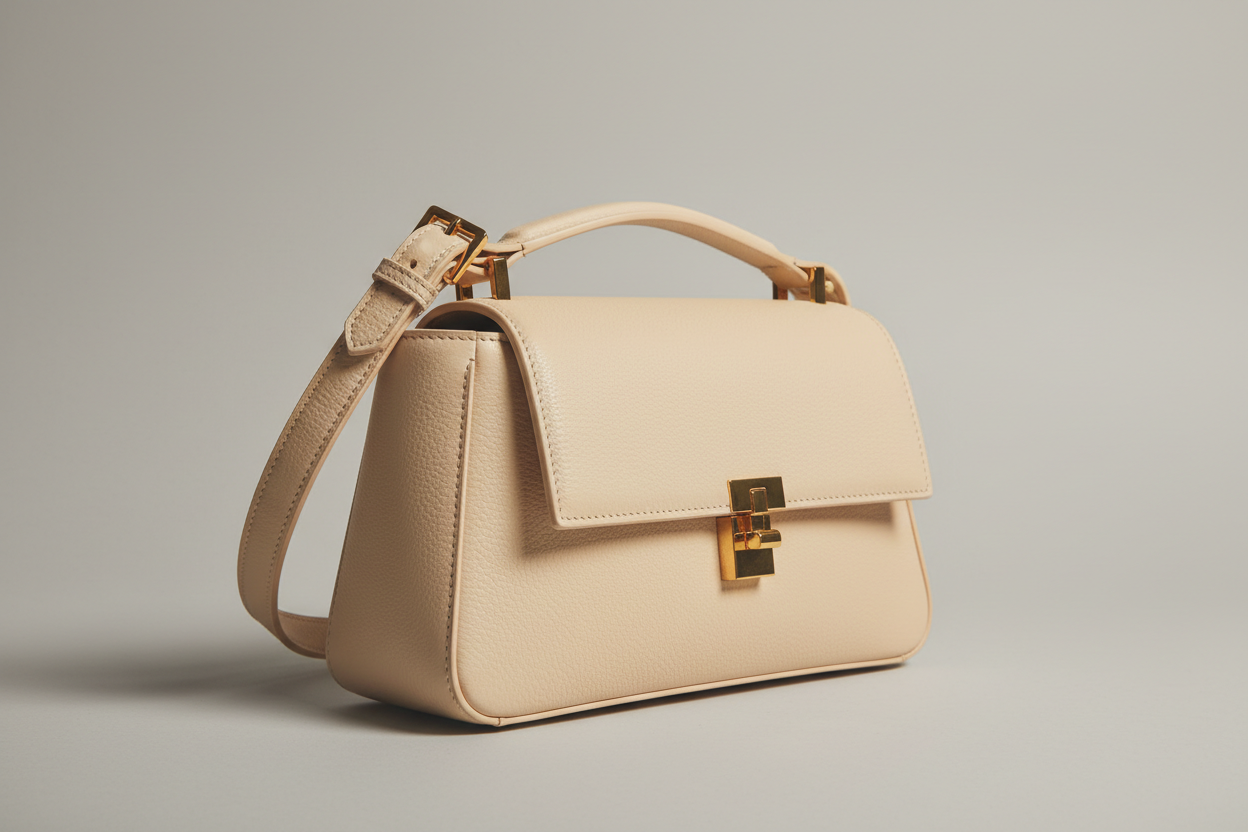 Sculpted Designer Shoulder Bag in Cream Beige, side angle view