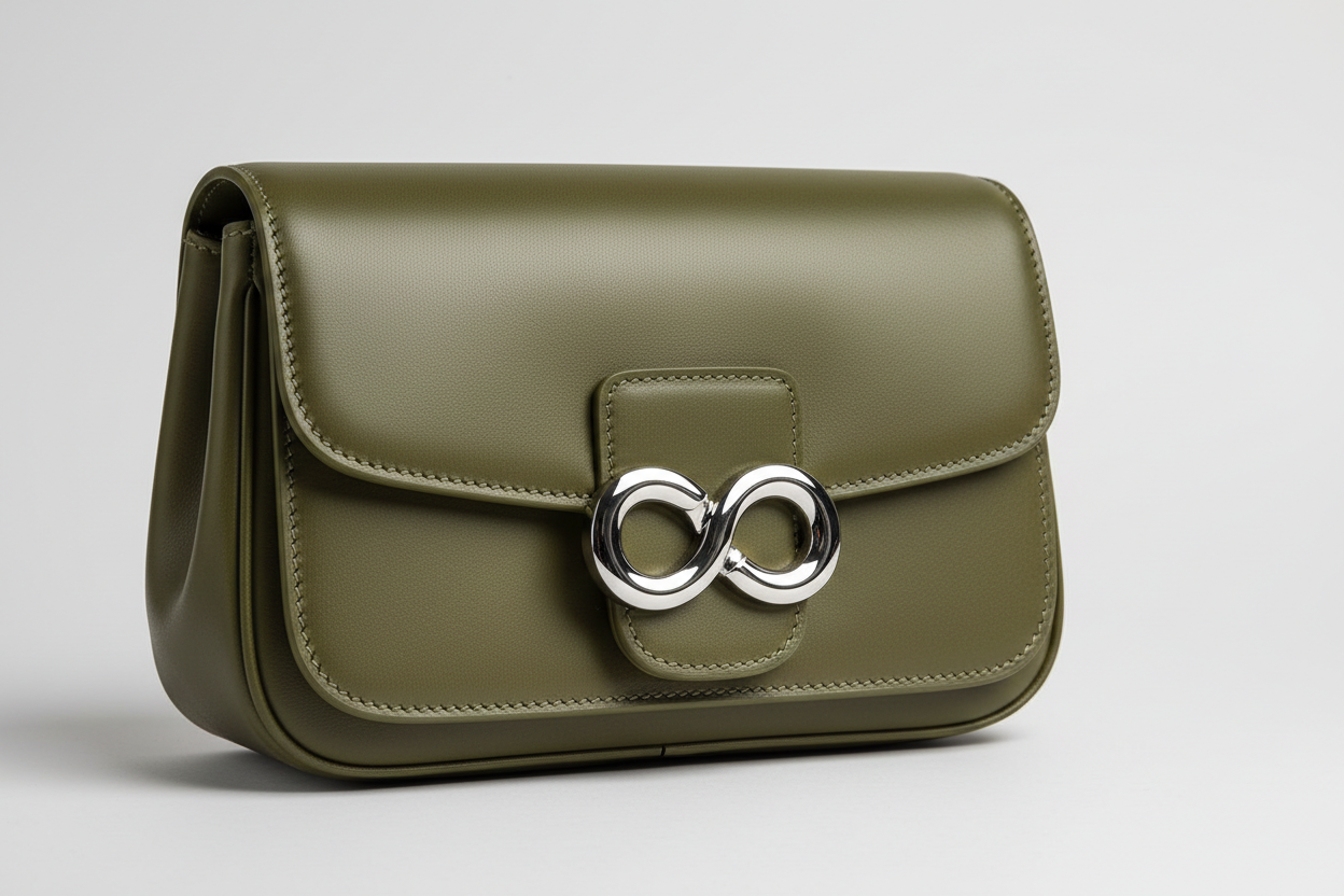 Soft Curve Shoulder Bag in Olive Green, leather and silver hardware close-up