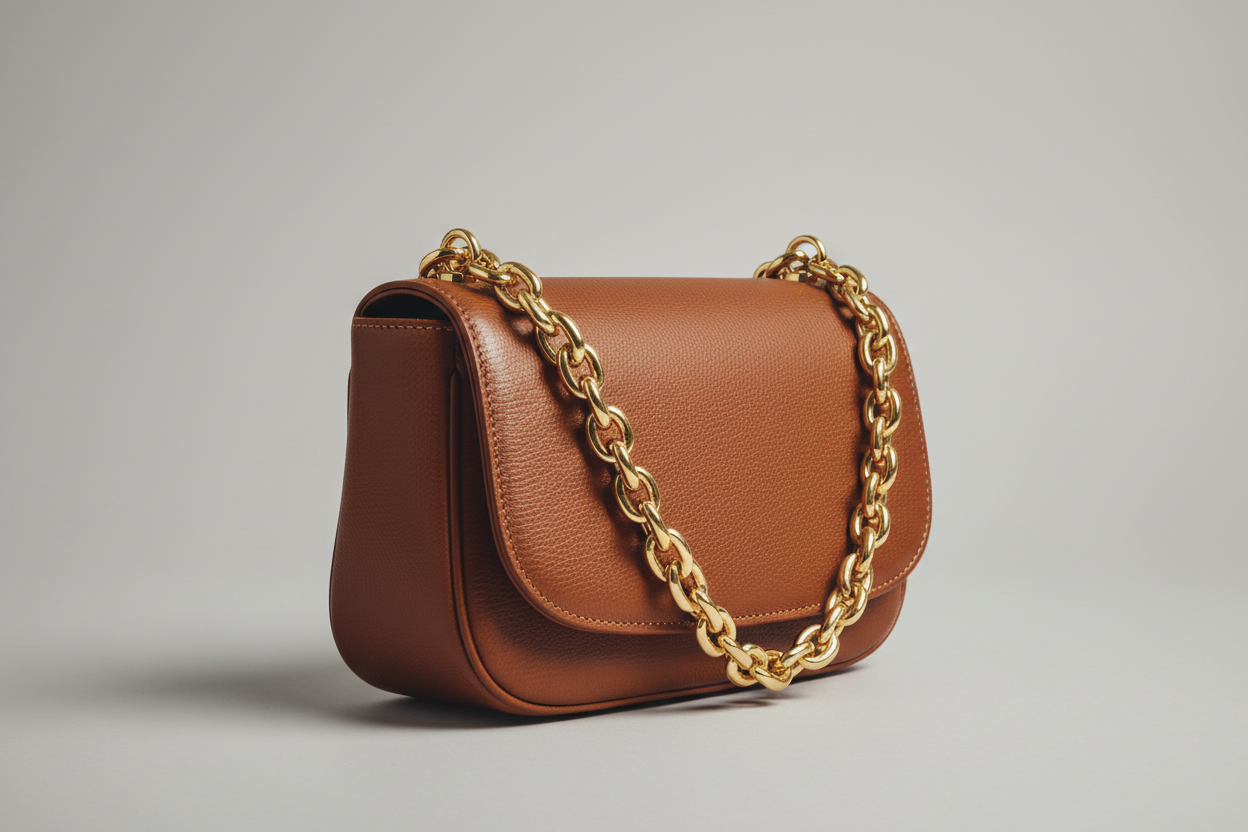 Elegant Chain Shoulder Bag in Rich Cocoa, side angle view