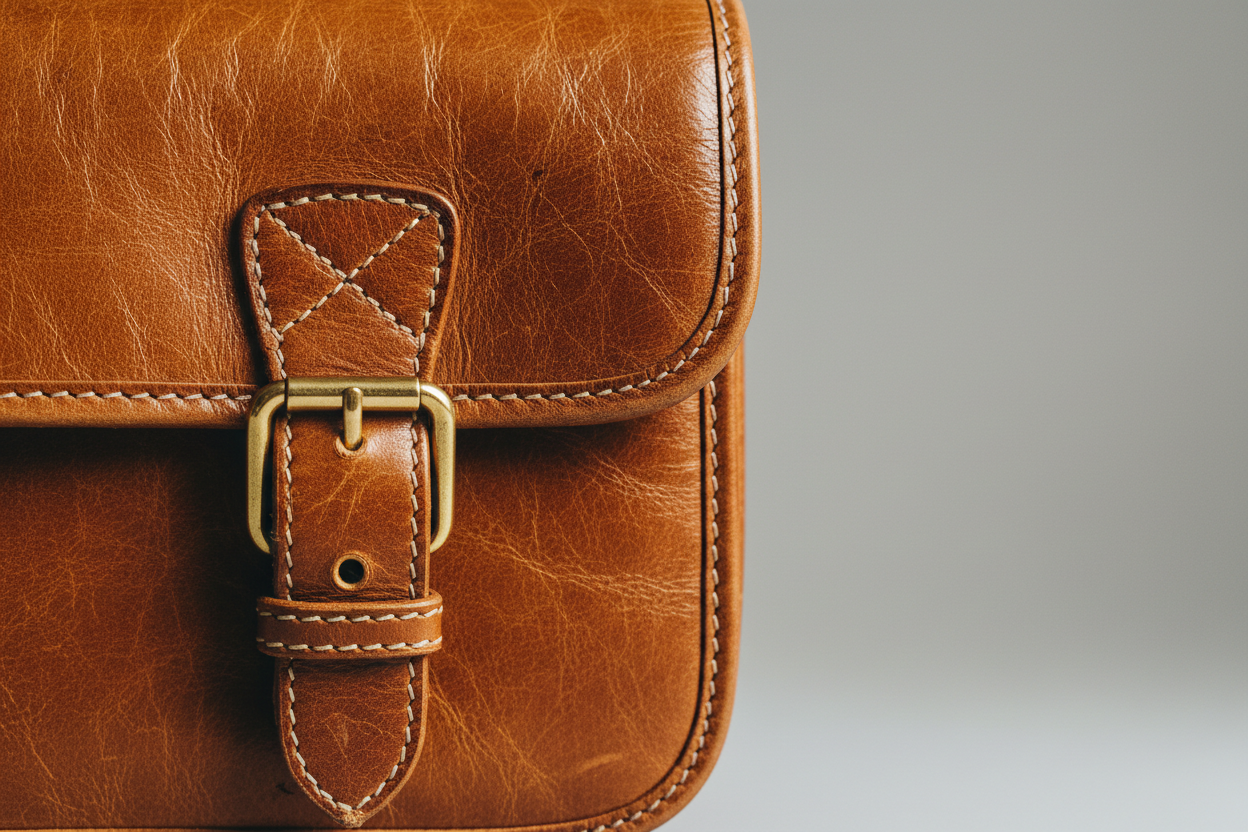 Soft Vintage Shoulder Bag in Warm Caramel, gold buckle and leather close-up