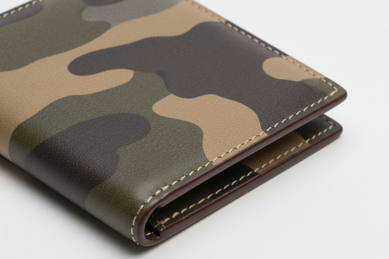 Premium Leather Wallet in Camouflage, brushed leather macro close-up
