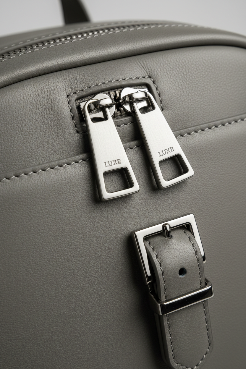 Metropolitan Business Backpack in Granite Mist Grey Refined Matte Leather – Leather & Hardware Detail