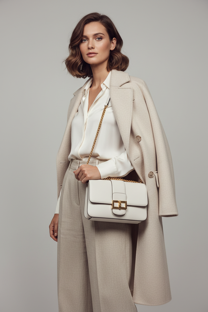 Female model carrying Contemporary Flap Shoulder Bag in Arctic White